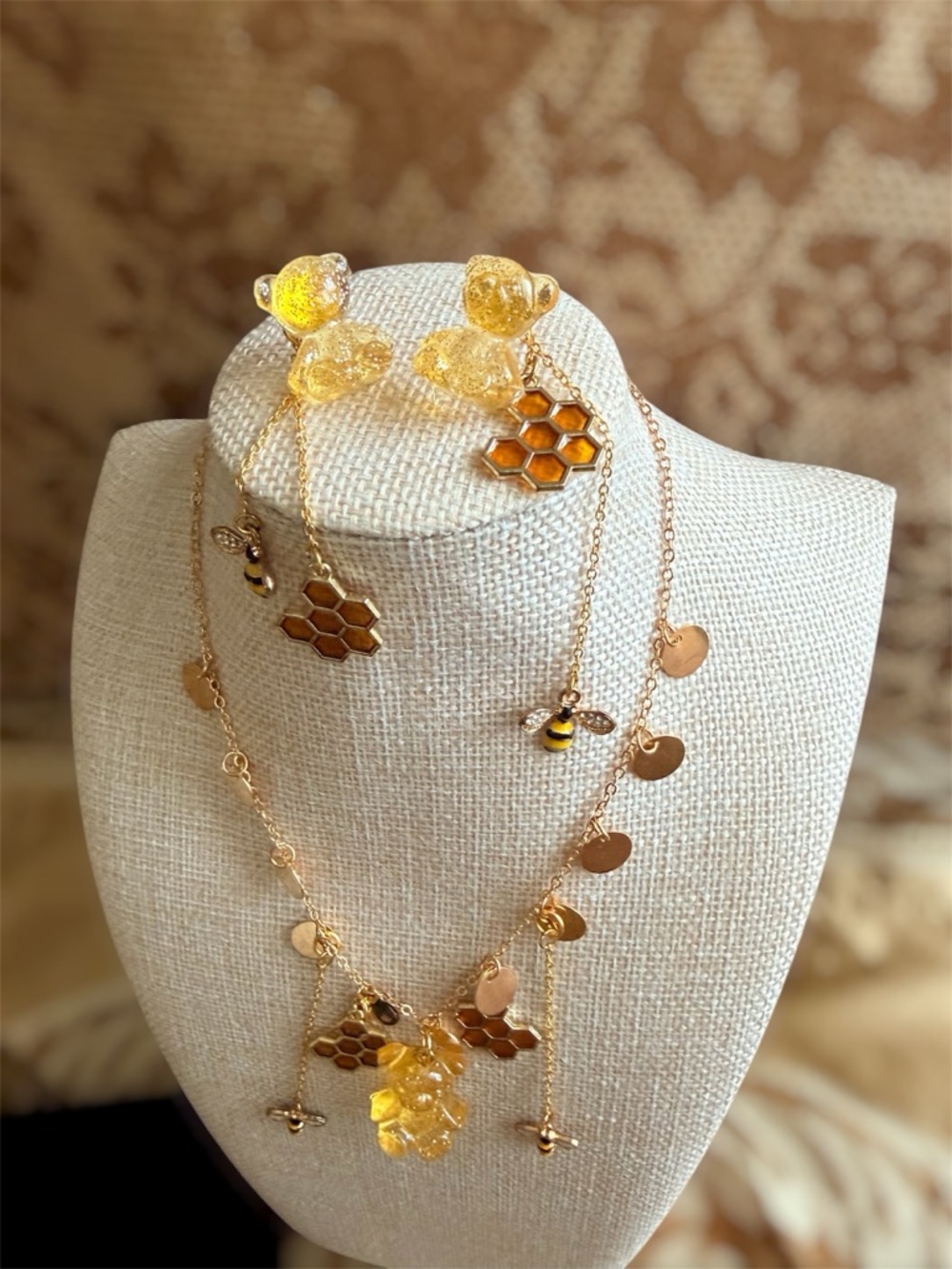 Gold-Tone Honeybee Necklace and Earrings Set in Amber Yellow